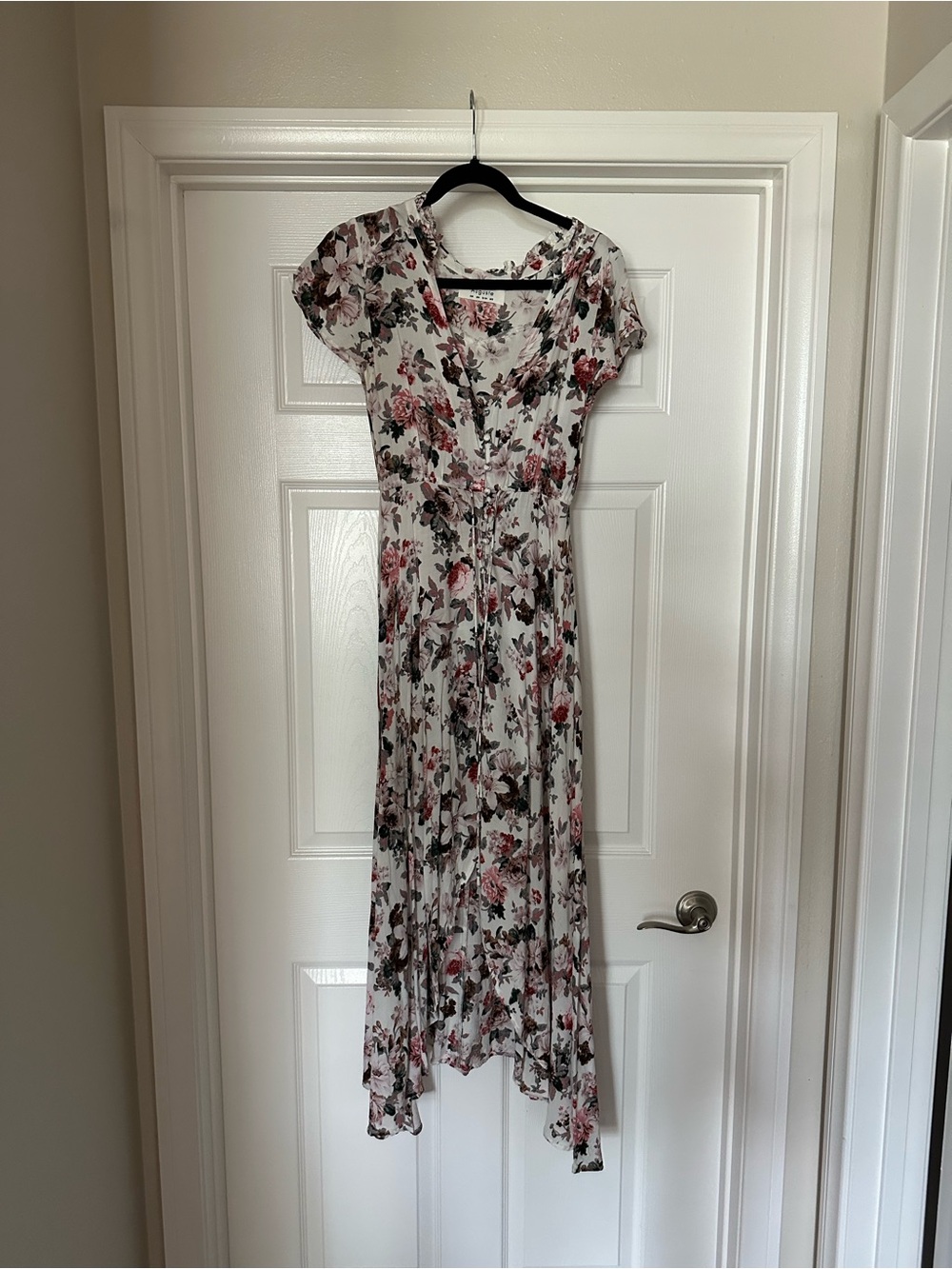 Floral Wrap Midi Dress - White with Pink & Grey Floral